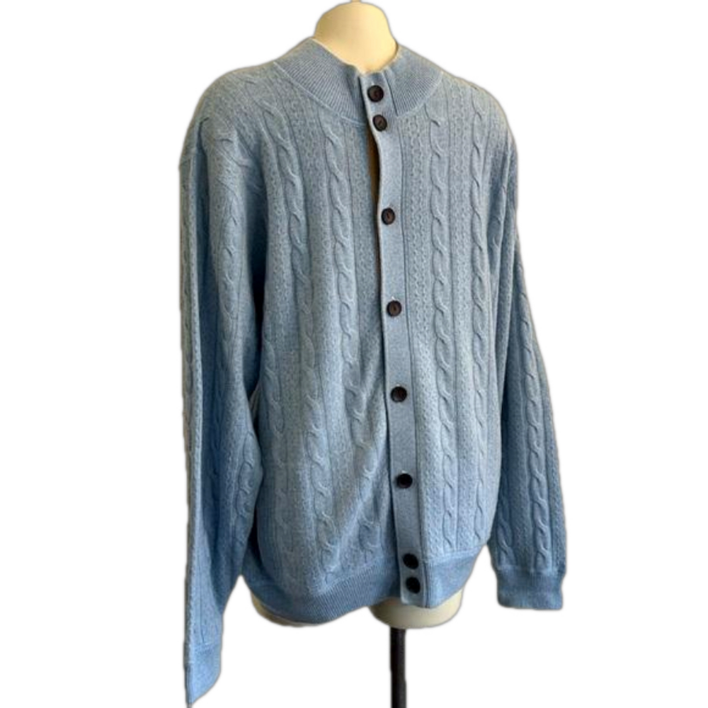 Raffi Blue Mockneck button down 100% Cashmere/“ elbow sleeve Sweater LARGE/52